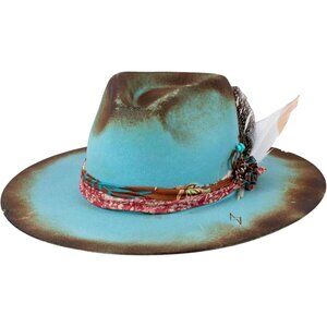 Unisex Retro Blue Western With Feather & Band Detail Classic Fedora Cowboy Hat